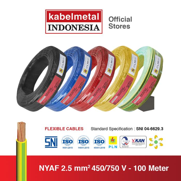 Kabelmetal Indonesia NYAF 2.5 mm² 450/750 V 100 Meter Serabut Tembaga Fleksibel SNI04-6629.3:2006 Kabel Listrik Berkualitas